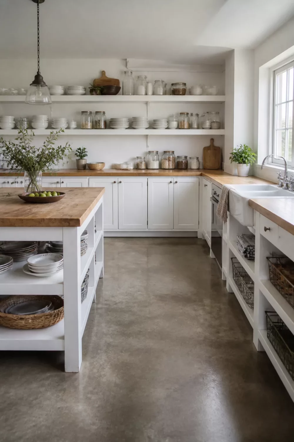 White kitchen with wood countertops, open shelving, pine block island, and polished concrete floors — utility farmhouse style