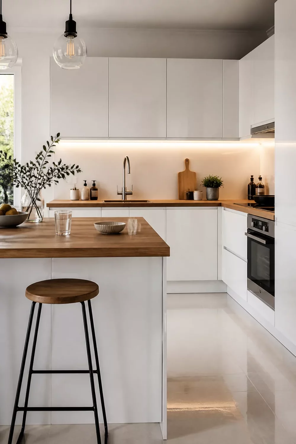 White kitchen with wood countertops featuring high-gloss cabinets, warm matte wood surface, and LED under-cabinet lighting