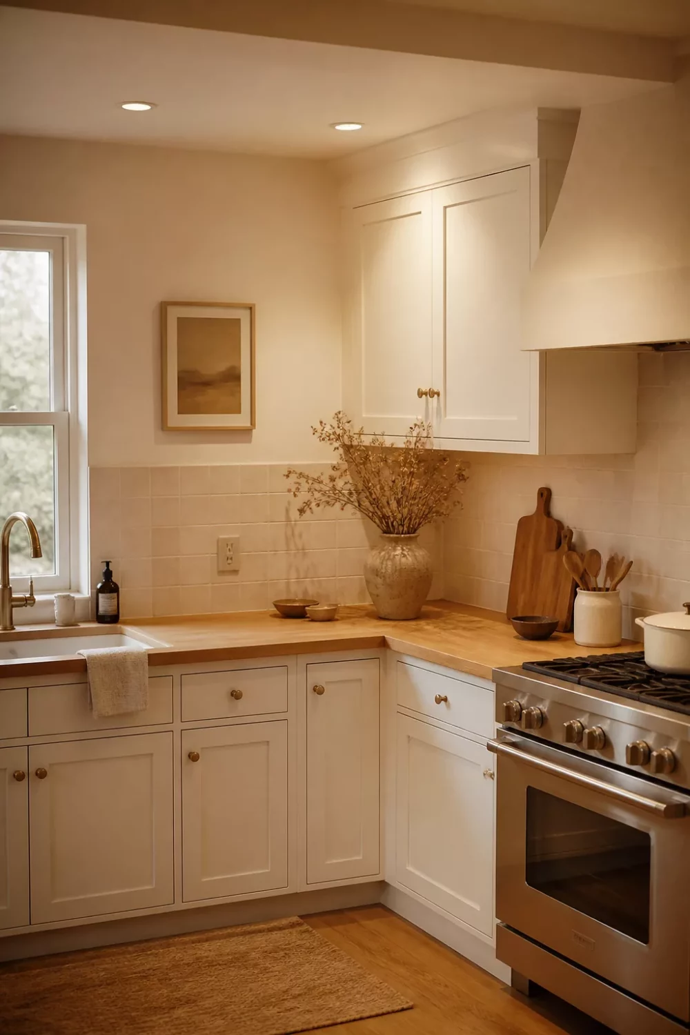 White kitchen with wood countertops, honey maple surface, brass knobs, shaker cabinets, and stainless gas range