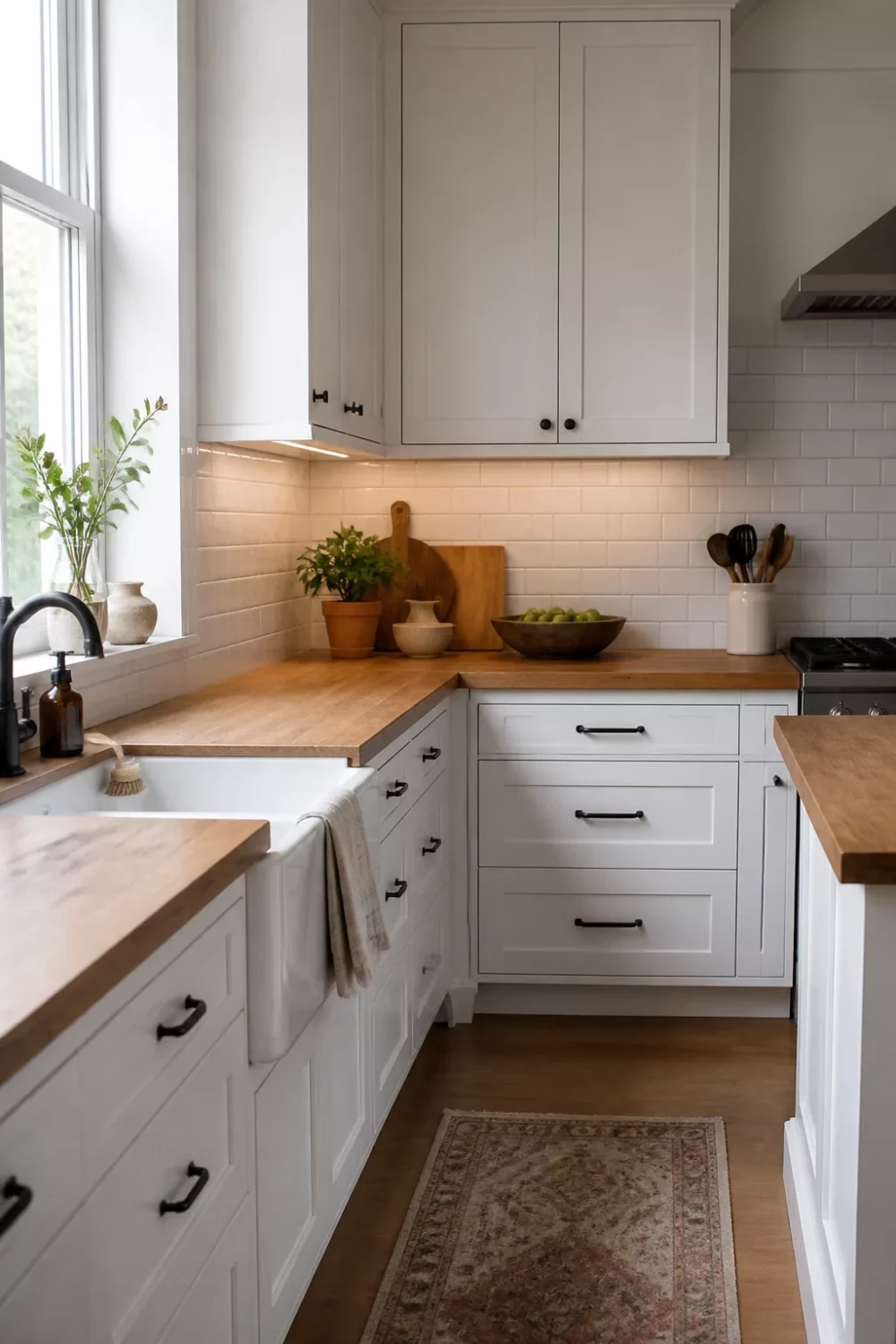 White kitchen with wood countertops, butcher block wraparound surface, white shaker cabinets & matte black hardware