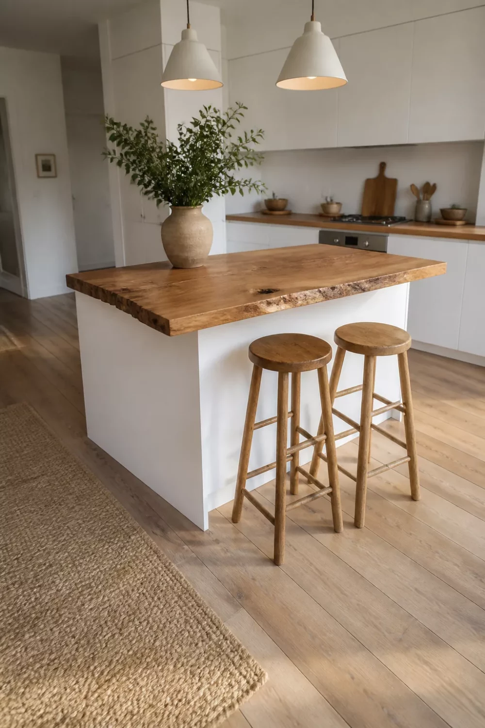 White kitchen with wood countertops featuring a live-edge slab island, wood stools, and pendant lights