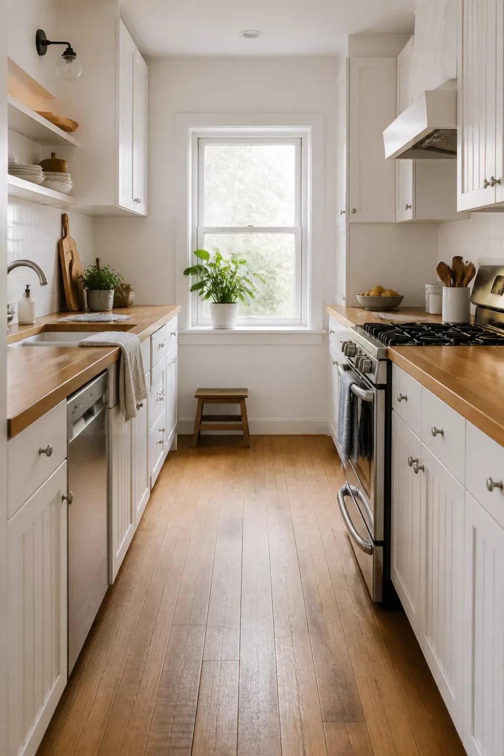 Narrow galley white kitchen with wood countertops, hardwood floors, and a bright window — white kitchens with wood countertops