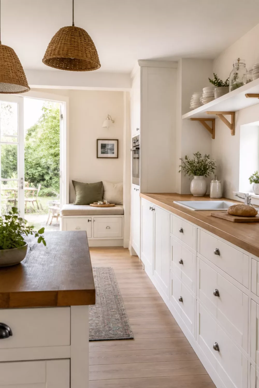White kitchen with wood countertops, shaker cabinets, wicker pendants, and a window seat at the end of a galley run.