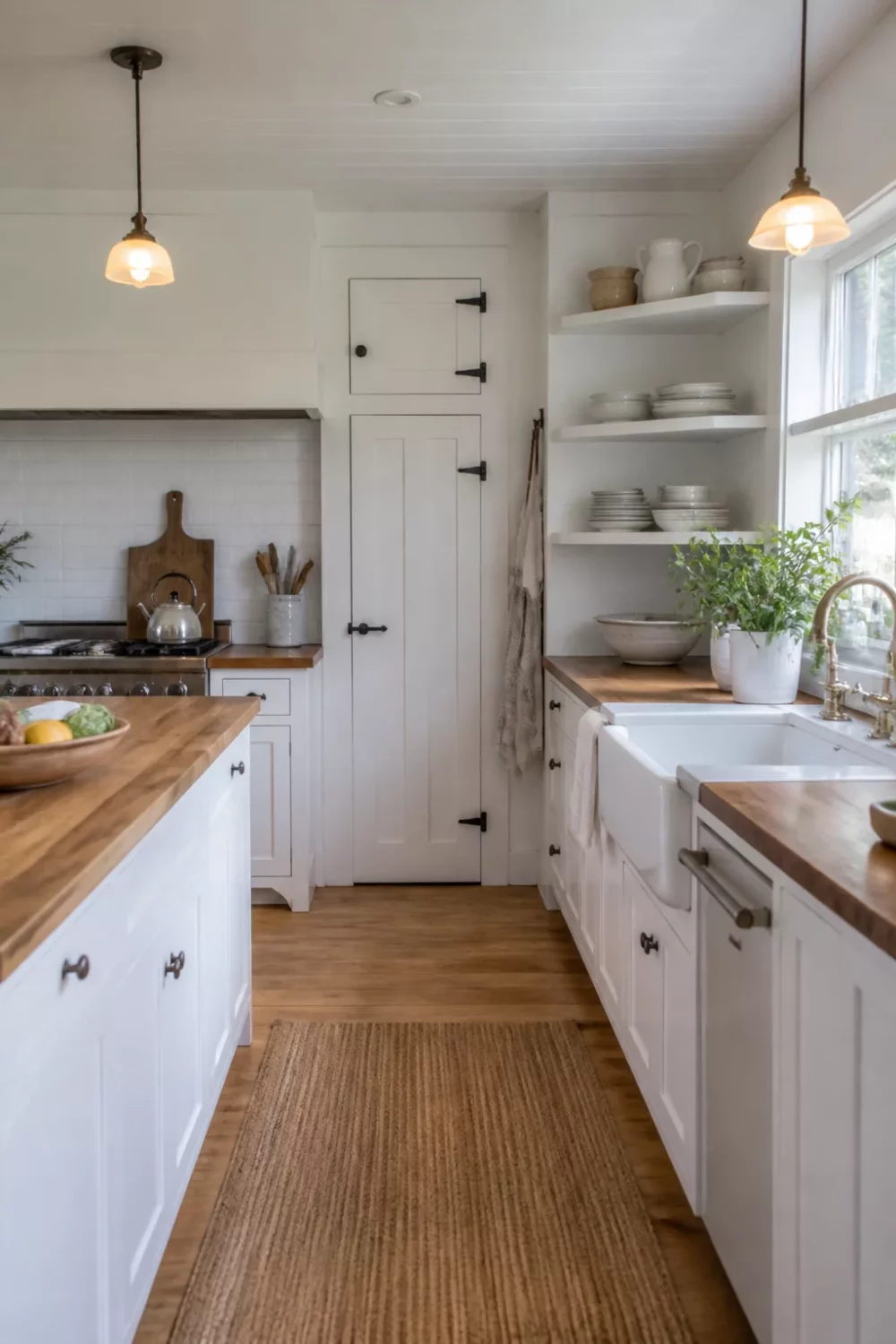White kitchen with wood countertops, farmhouse pantry door with iron hinges, apron sink, and butcher block counters