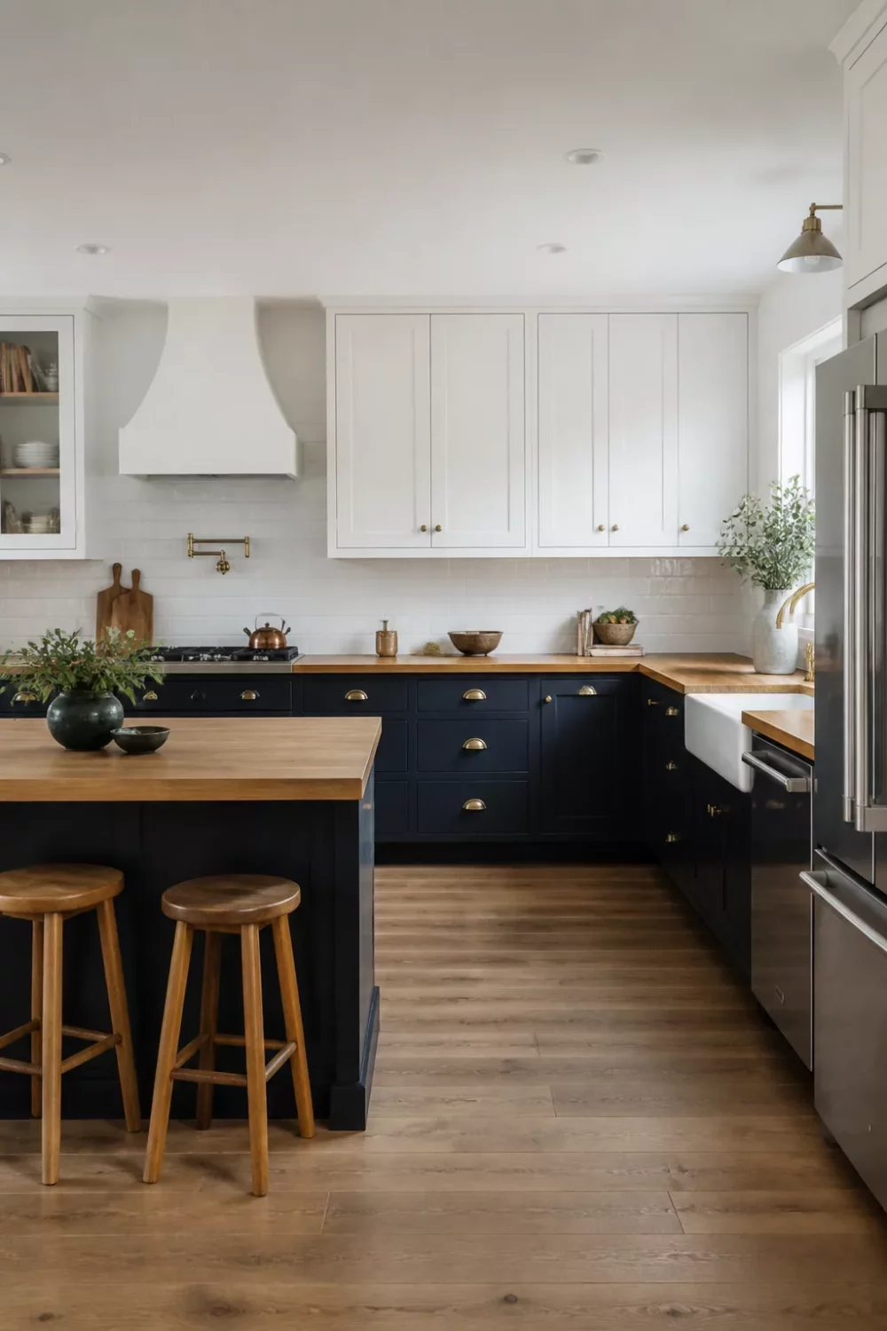 White kitchens with wood countertops — navy lower cabinets, white uppers, oak counter, brass hardware, farmhouse sink
