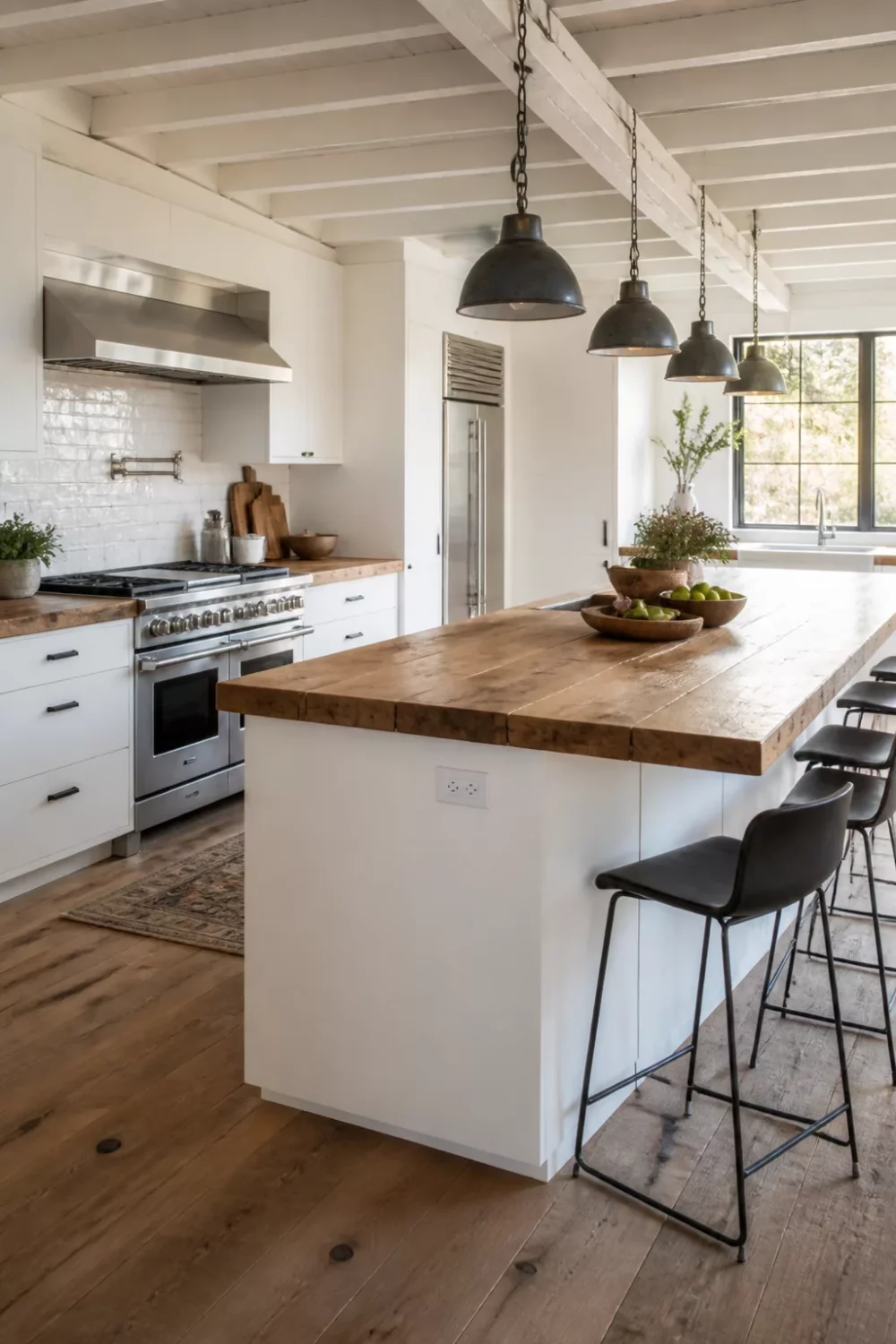 White kitchen with wood countertops, reclaimed island top, black pendants, exposed beams — open-plan farmhouse style