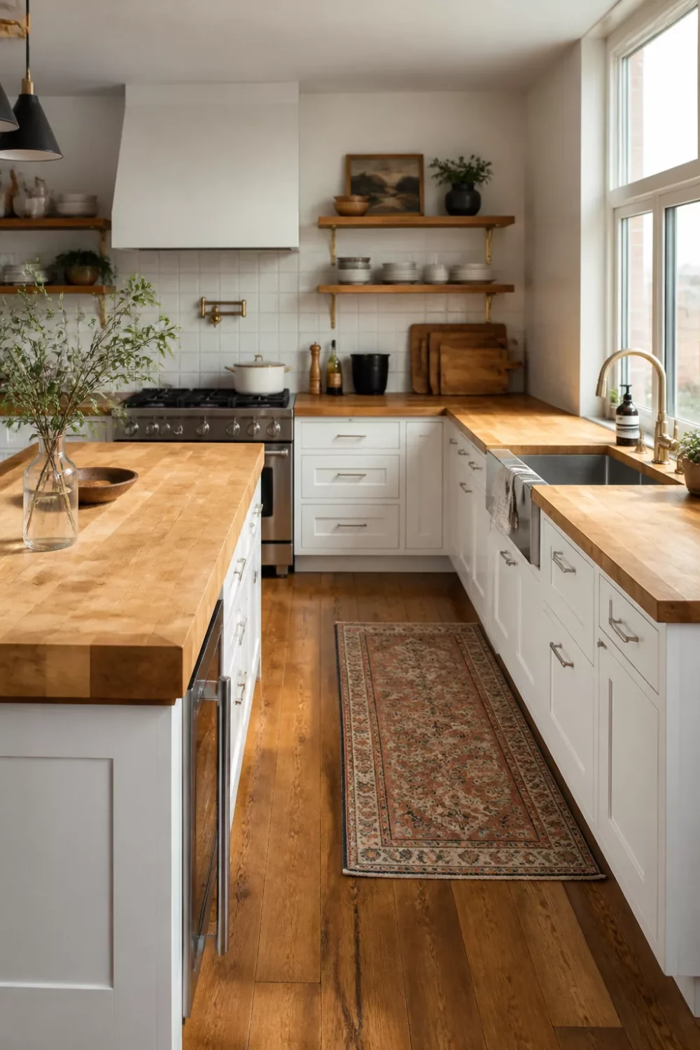 Maple butcher block wood kitchen countertops with white shaker cabinets, brass hardware, and open wooden shelves