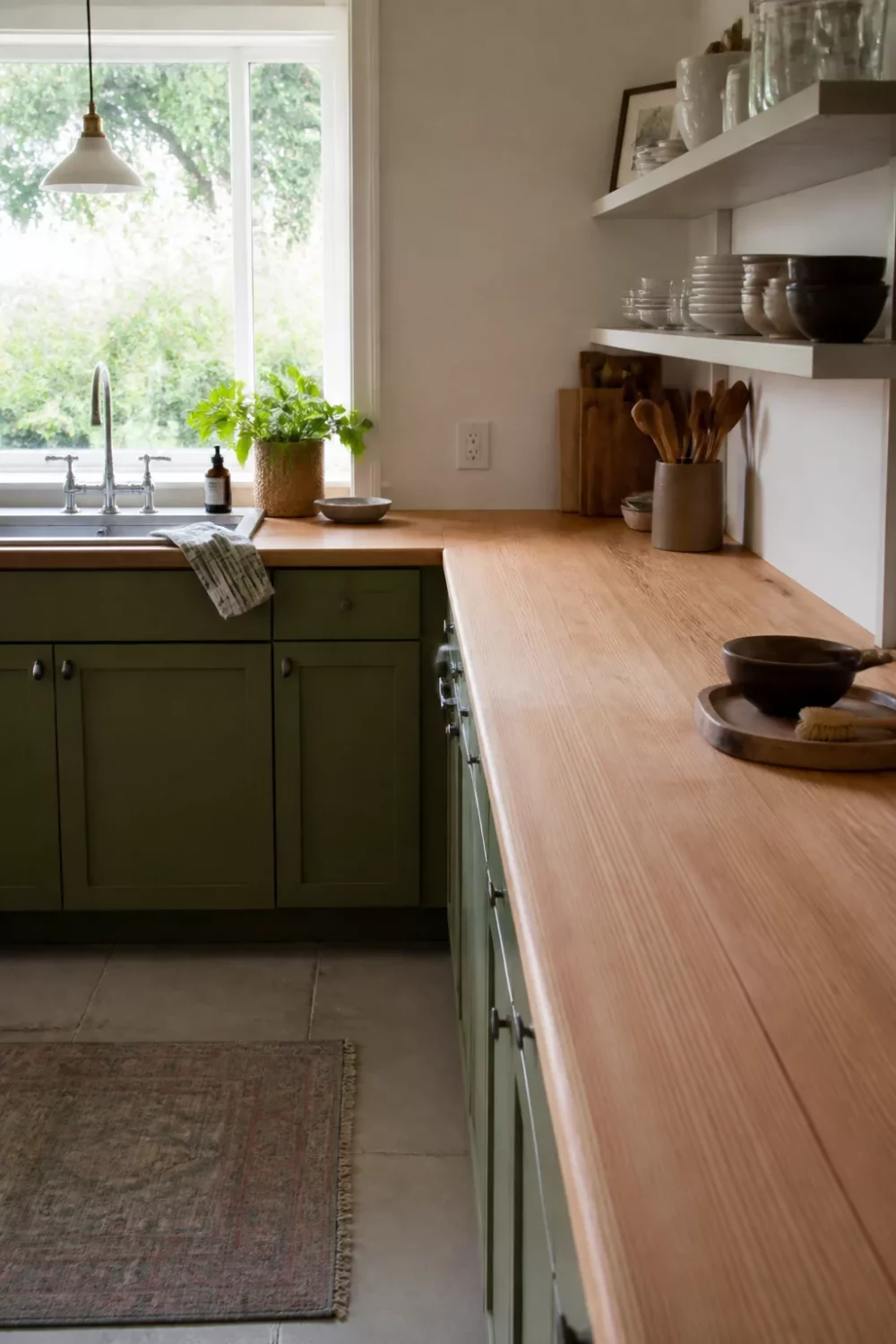 Vertical grain Douglas fir wood kitchen countertop with sage green cabinets and open shelving in a farmhouse kitchen
