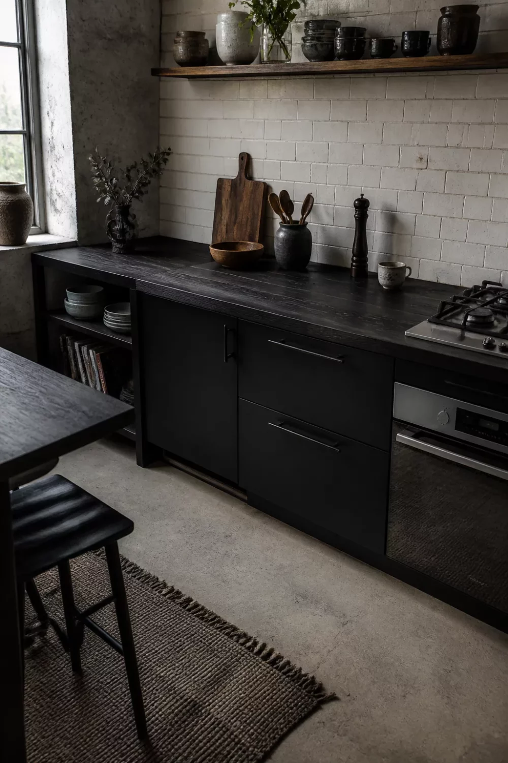 Ebonized oak wood kitchen countertops with matte black cabinets, brick backsplash, and open shelving in a dark moody kitchen