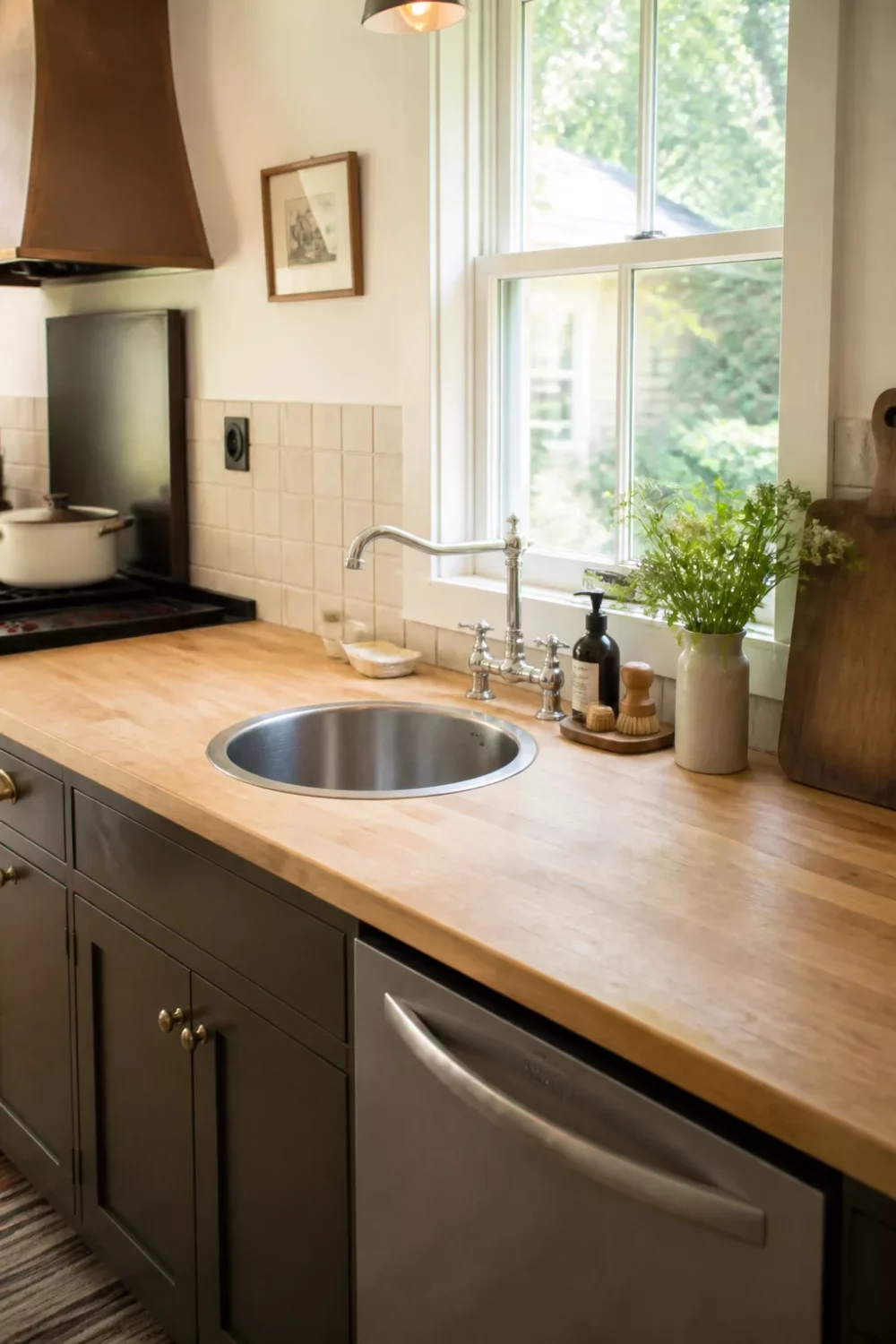 Round prep sink cutout in warm butcher block wood kitchen countertops with dark charcoal cabinets and bridge faucet