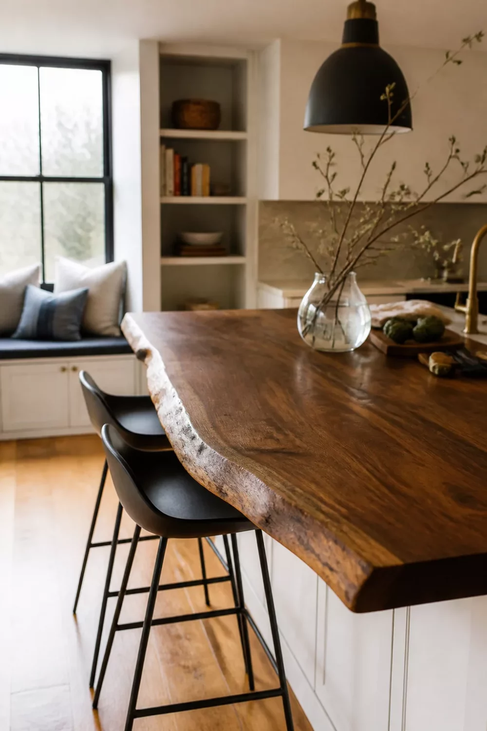 Live edge walnut wood kitchen countertop on a white peninsula with black bar stools and pendant light