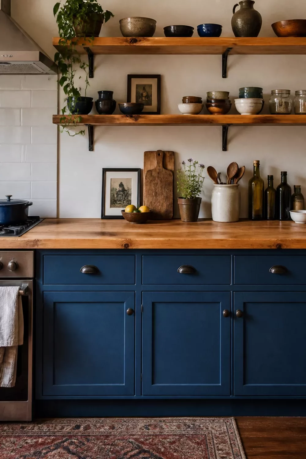 Navy blue shaker cabinets with warm pine butcher block wood kitchen countertops and open wooden shelving