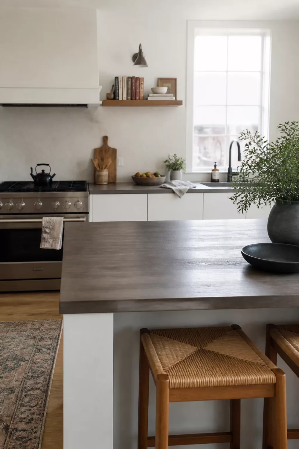 Gray-stained wood kitchen countertop on a white island with rush stools and open shelving in a bright kitchen