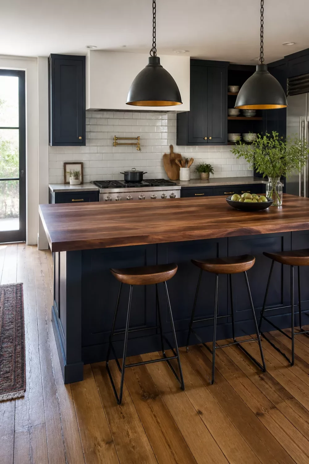 Dark walnut wood kitchen countertop on navy island with hairpin stools and black pendant lights