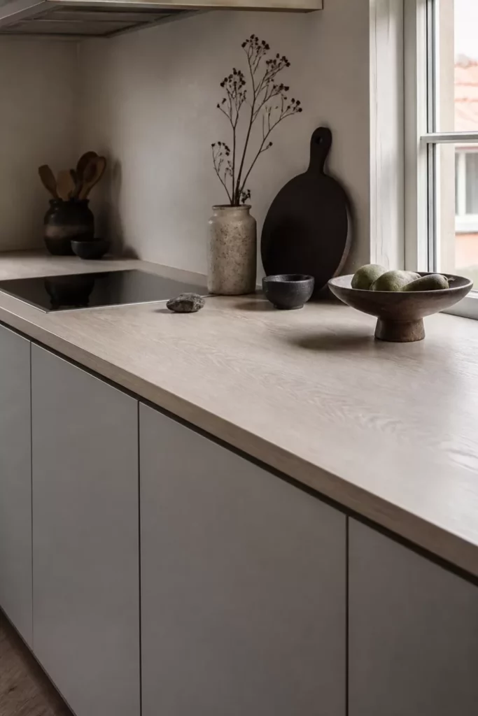 Pale bleached ash wood kitchen countertop with handleless gray cabinets — minimalist wood kitchen countertops idea