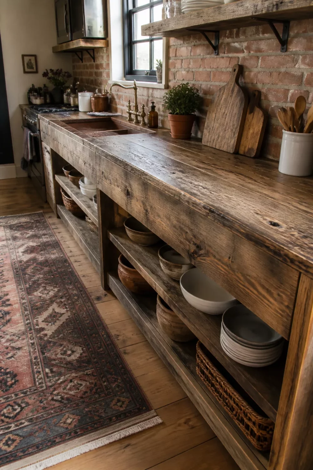 Reclaimed barn wood kitchen countertops with open shelving, copper sink, and exposed brick wall in a rustic kitchen