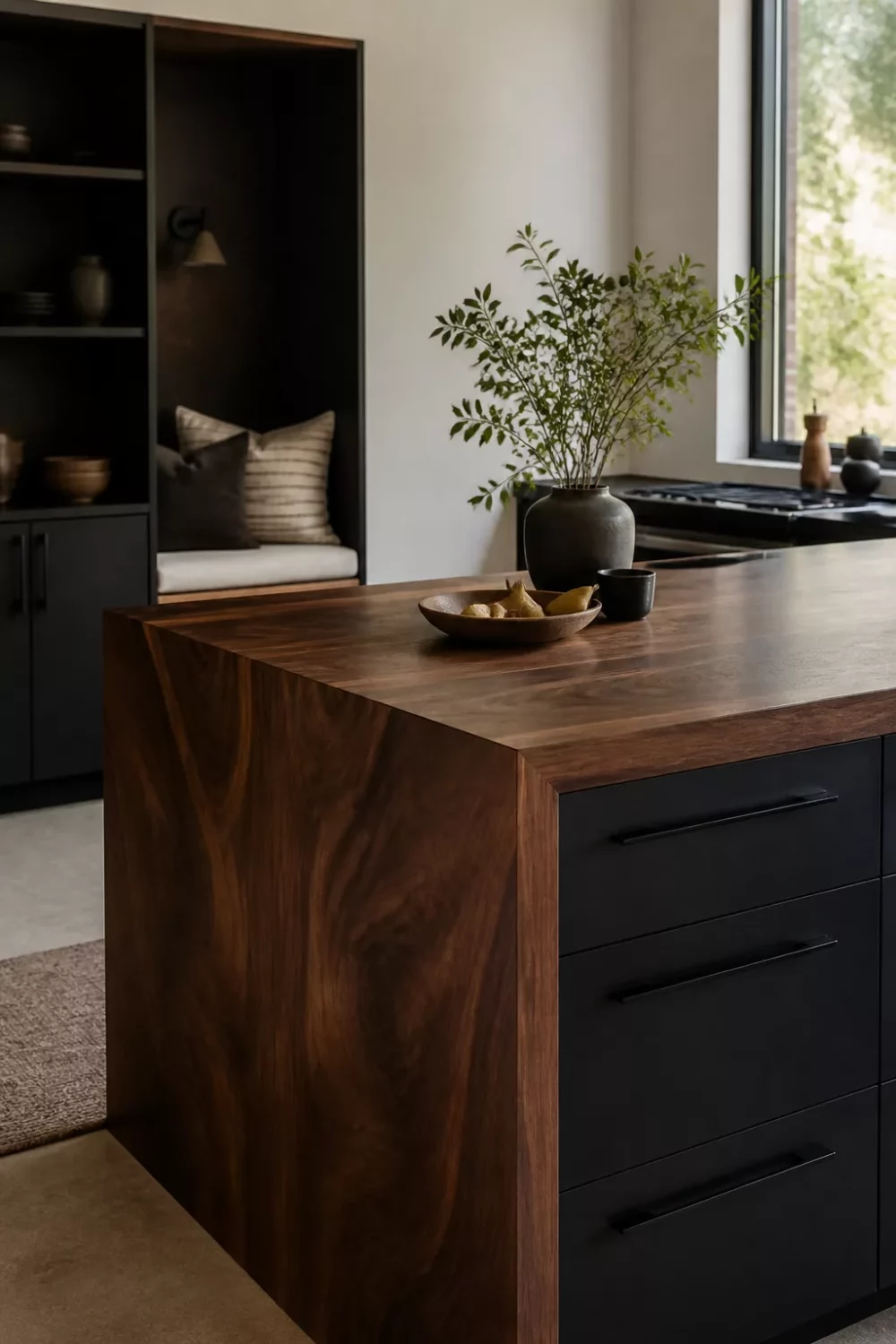 Black walnut waterfall edge wood kitchen countertop on a dark island with matte black drawer pulls