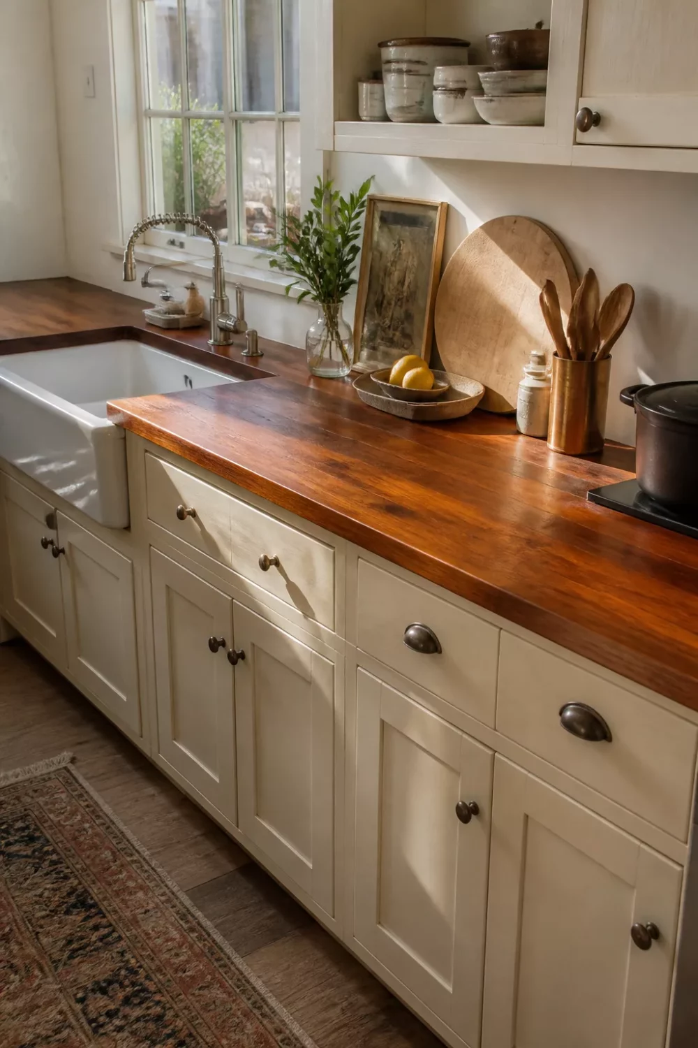 Cherry wood kitchen countertops with warm red tones, white shaker cabinets, apron sink & antique brass hardware
