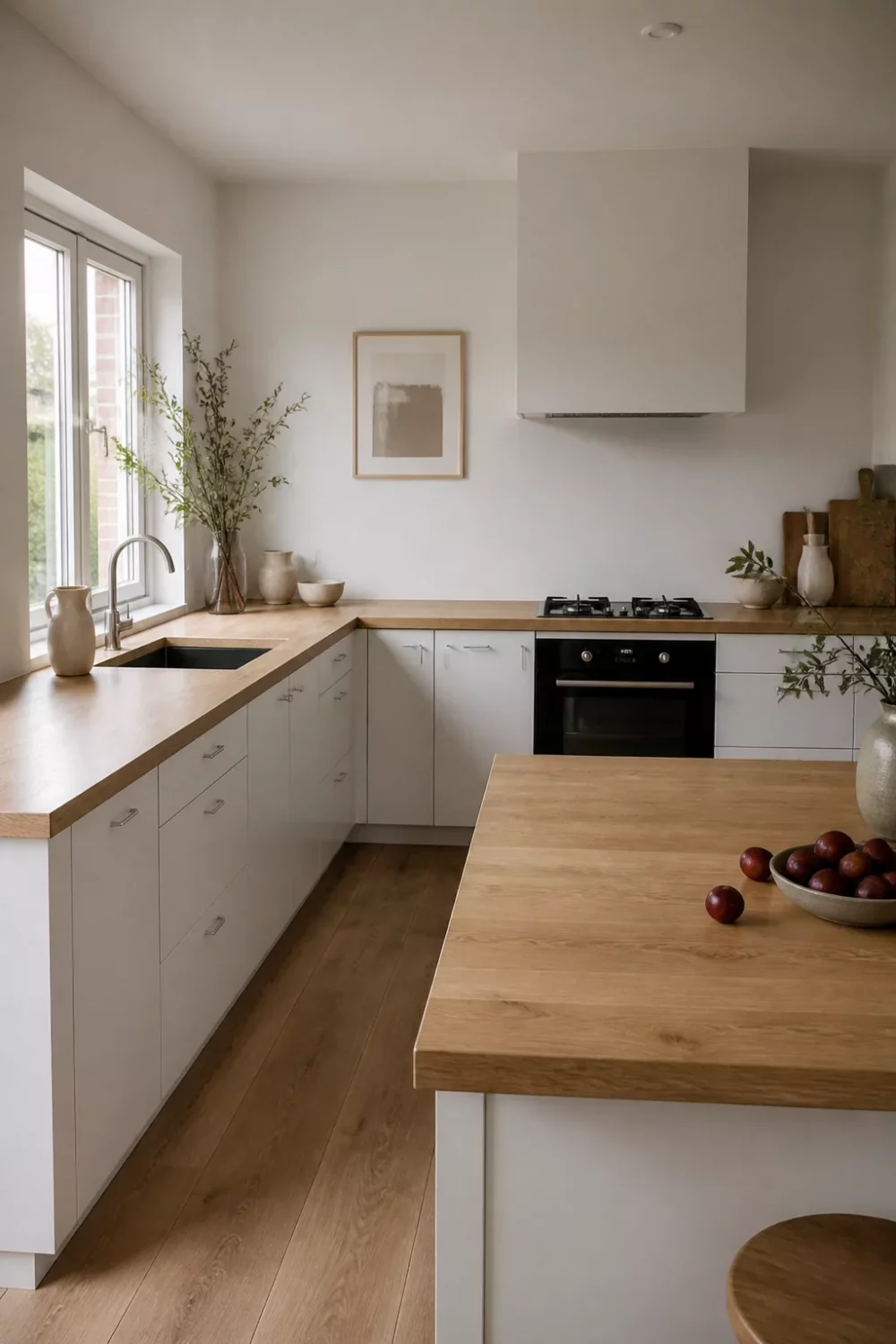 White oak face-grain wood kitchen countertops paired with white flat-front cabinets and a matching island.