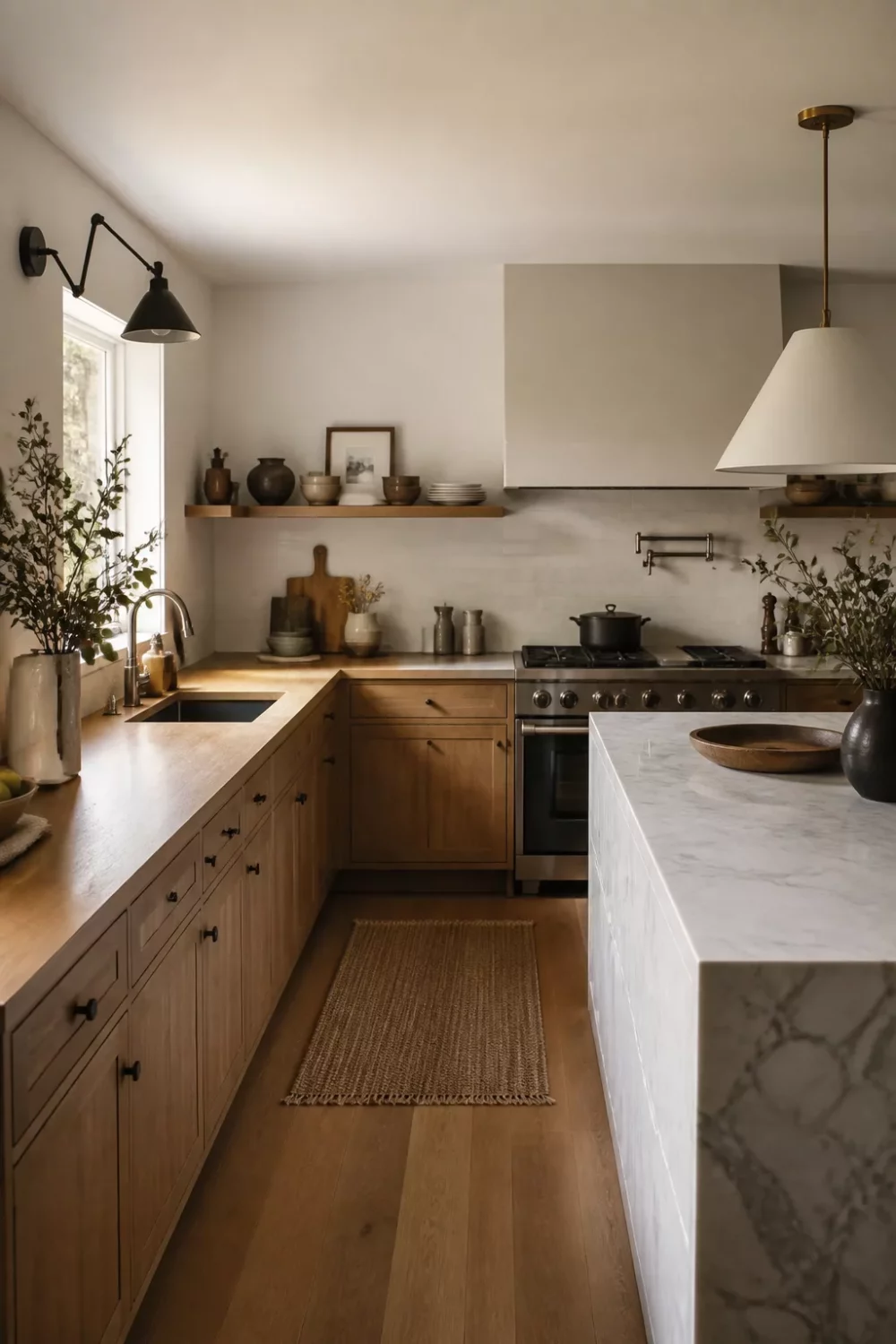 Warm oak wood kitchen countertops paired with a marble island in a natural wood shaker kitchen